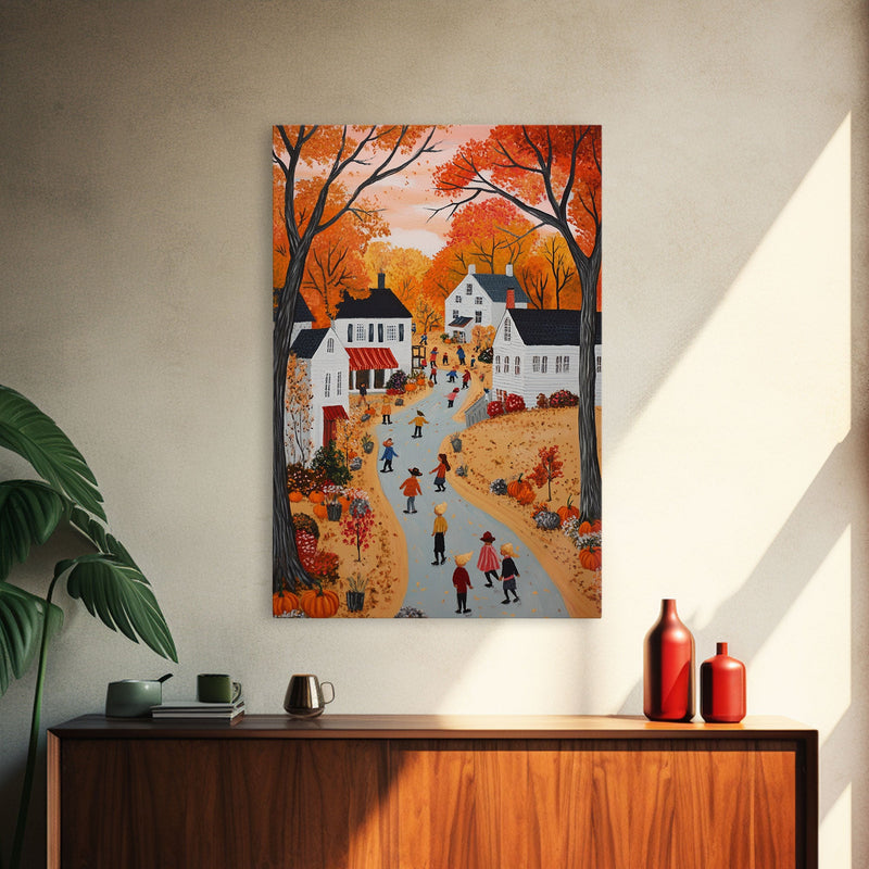 Autumn Village Scene Framed Canvas Print Tall Art With Fall Leaves And Pumpkins, Cozy Wall Art For Seasonal Farmhouse Decor