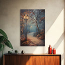 Spooky Street Lights In The City Park, Framed Canvas Print, Wood Framed Wall Art, Fall Decor, Holiday Decor, Seasonal Gift Idea