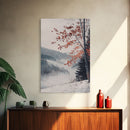 Canvas Print of Snowy Mountain Trees Red Leaves, Winter Wonderland Wall Art, Best Gift Idea, Moody Landscape, Rustic Christmas Decor