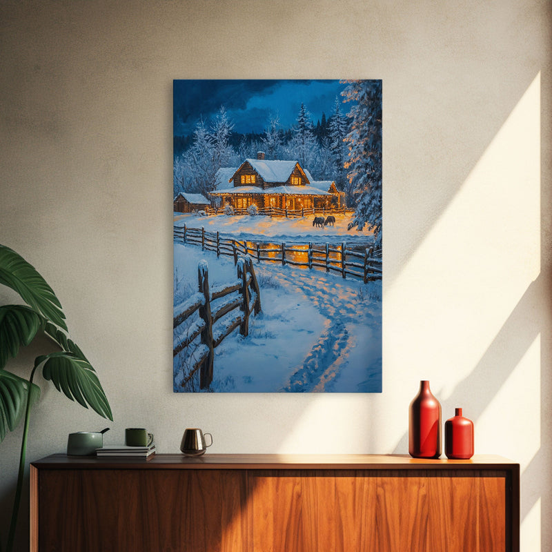 Warm Log Cabin In Snow Framed Canvas Print Wall Art Winter Holiday Decor, Country Christmas Art Gift, Rustic Winter Wonderland Art