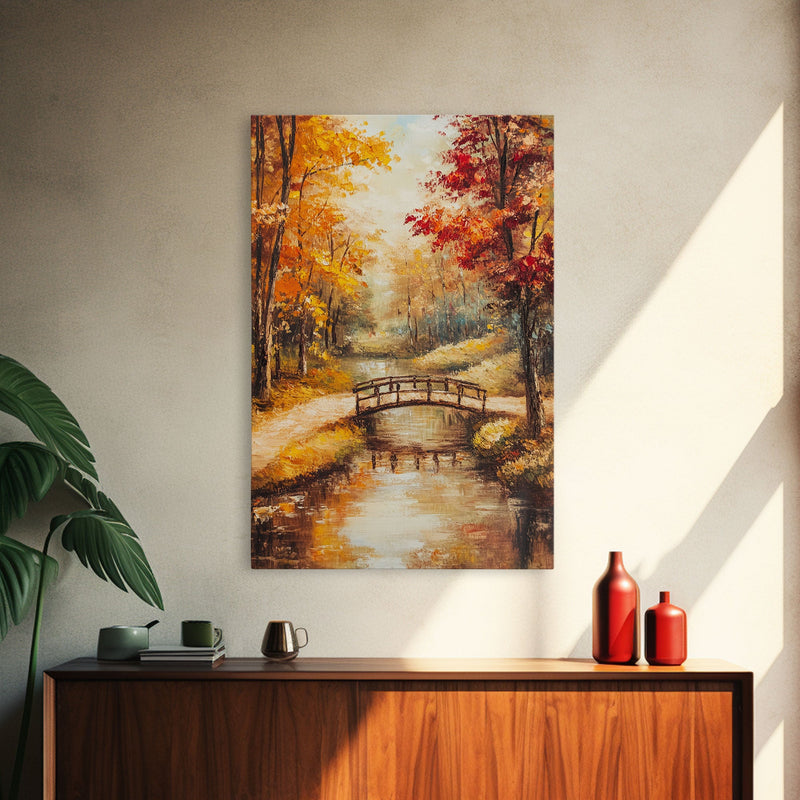 Autumn Bridge Over Stream Framed Canvas Print Wall Art Fall Landscape Decor, Rustic Autumn Art Gift, Seasonal Wall Art