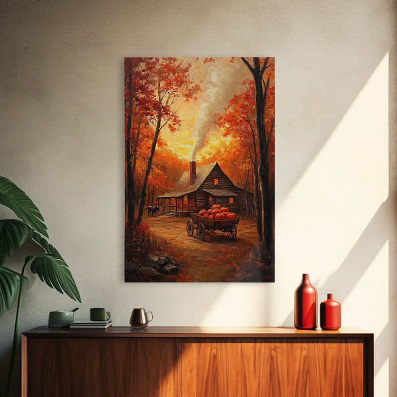 Autumn Cabin with Pumpkins Framed Canvas Print, Warm Fall Countryside Scene with Golden Leaves, Cozy Rustic Farmhouse Wall Art Decor