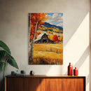 Countryside Barn in Autumn Framed Canvas Print, Bright Fall Landscape Birch Trees, Rustic Wall Art Country Home or Farmhouse Autumn Decor