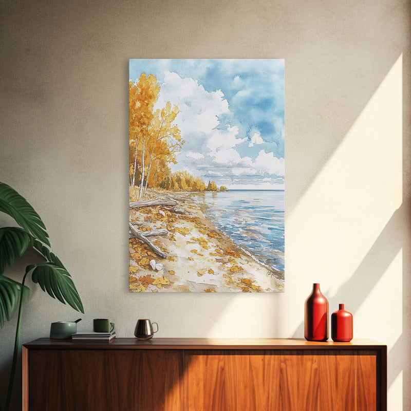 Autumn beach scene with golden trees and calm shoreline Framed Canvas Print, fall landscape art perfect autumn wall decor for rustic homes