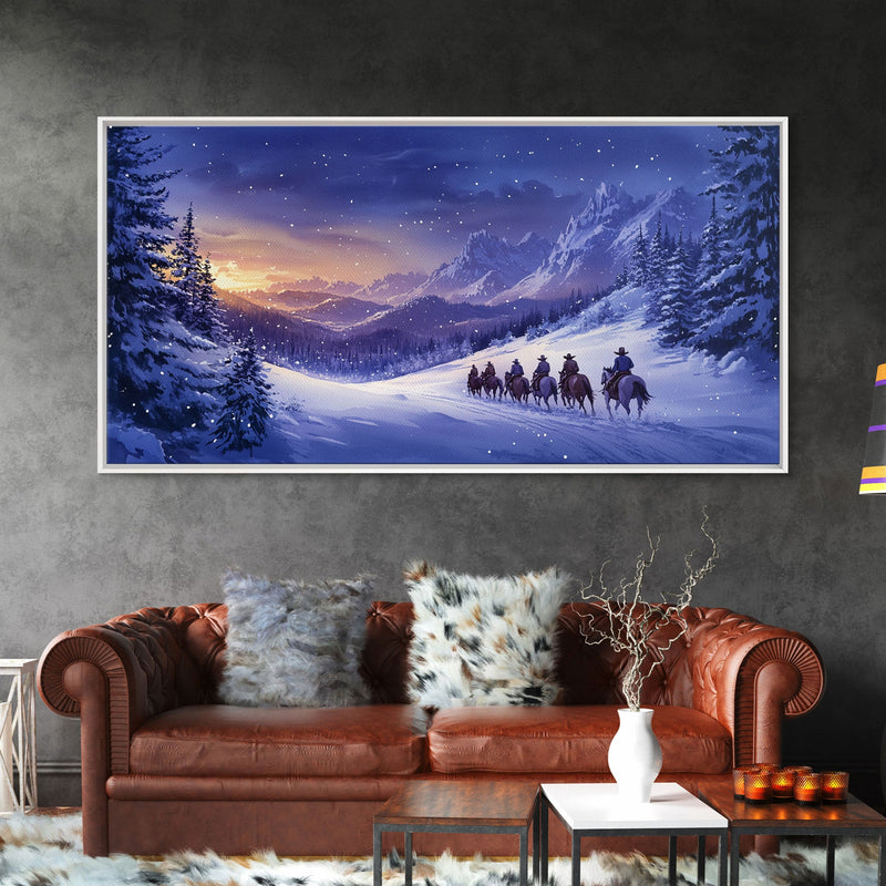 Winter Wonderland Cowboy Canvas Print, Snowy Mountain Landscape Art, Rustic Christmas Decor, and Holiday Western Themed Wall Art