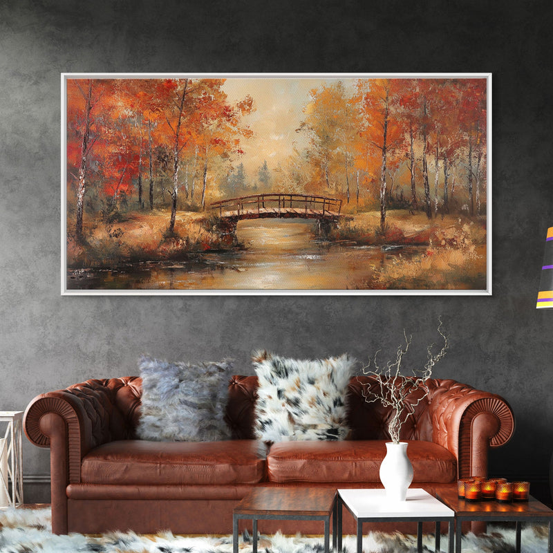 Autumn Bridge Over Quiet River Tall Art Framed Canvas Print Serene Fall Landscape With Colorful Foliage And Peaceful Reflections