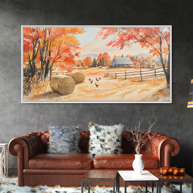 Autumn farmhouse decor Canvas Print fall landscape with barn and chickens harvest season gift idea rustic fall wall art holiday home decor