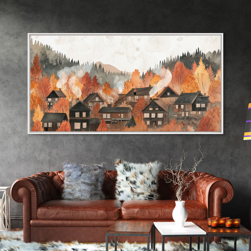 Autumn village decor Framed Canvas Print rustic village with fall trees cozy seasonal wall art gift idea moody landscape autumn home decor