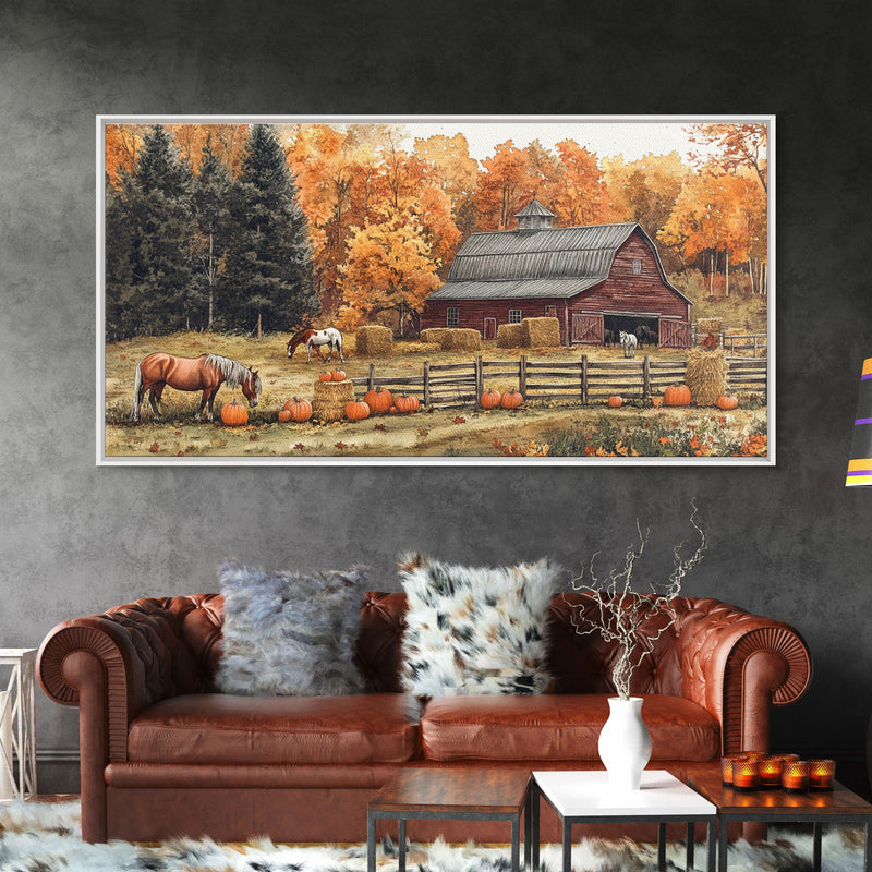 Autumn Barn Pumpkin Horses Canvas Print Farmhouse Fall Decor Seasonal Wall Art Framed Canvas Print Rustic Fall Farmhouse Wall Art