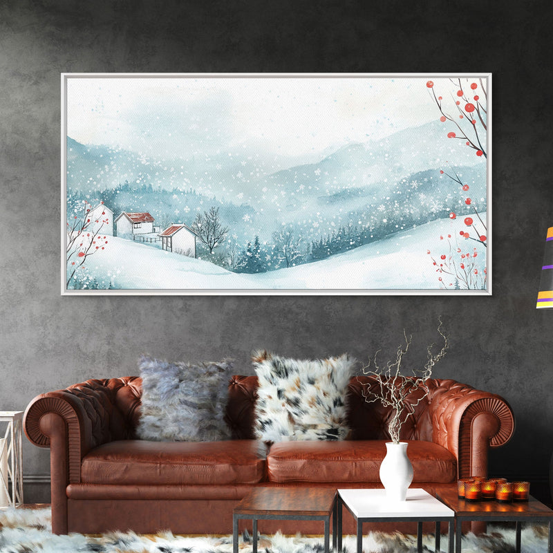 Winter mountain village art, snow-covered landscape, holiday wall art, winter wall decor, cozy winter home decor, framed canvas print