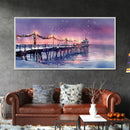 Snow-Covered Pier at Dusk with Christmas Lights, Framed Canvas Print, Coastal Holiday Decor, Winter Wonderland, Nautical Christmas Wall Art