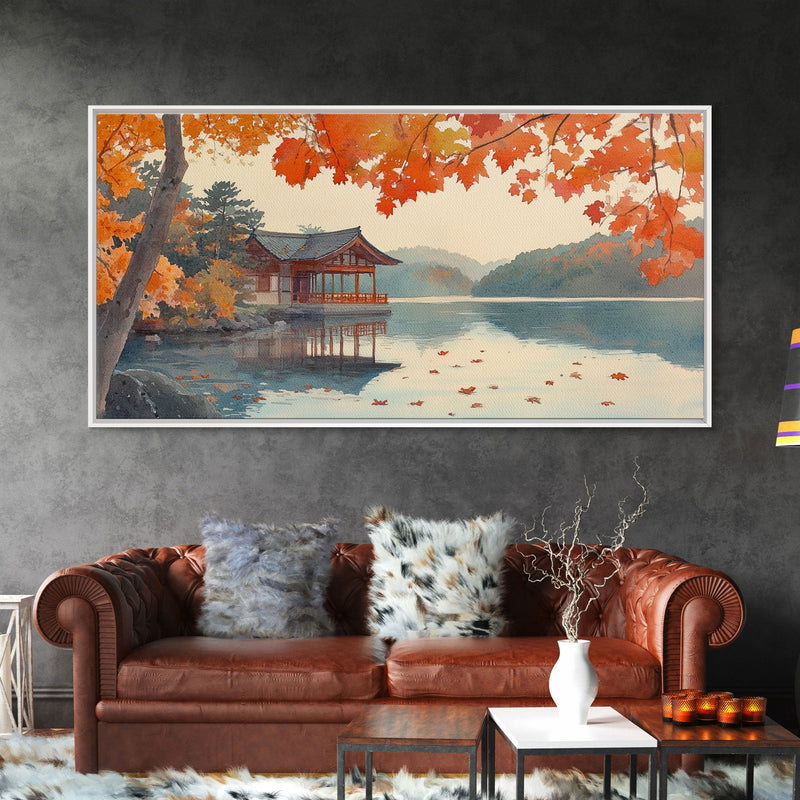 Autumn Japanese Lake House Canvas Print | Fall Wall Art Home Decor | Seasonal Fall Art | Gift Idea | 2024 Autumn Home Wall Art