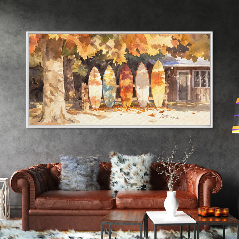 Autumn surfboards art, canvas print featuring surfboards with fall leaves, cozy fall home decor, rustic wall art, autumn vacation gift idea