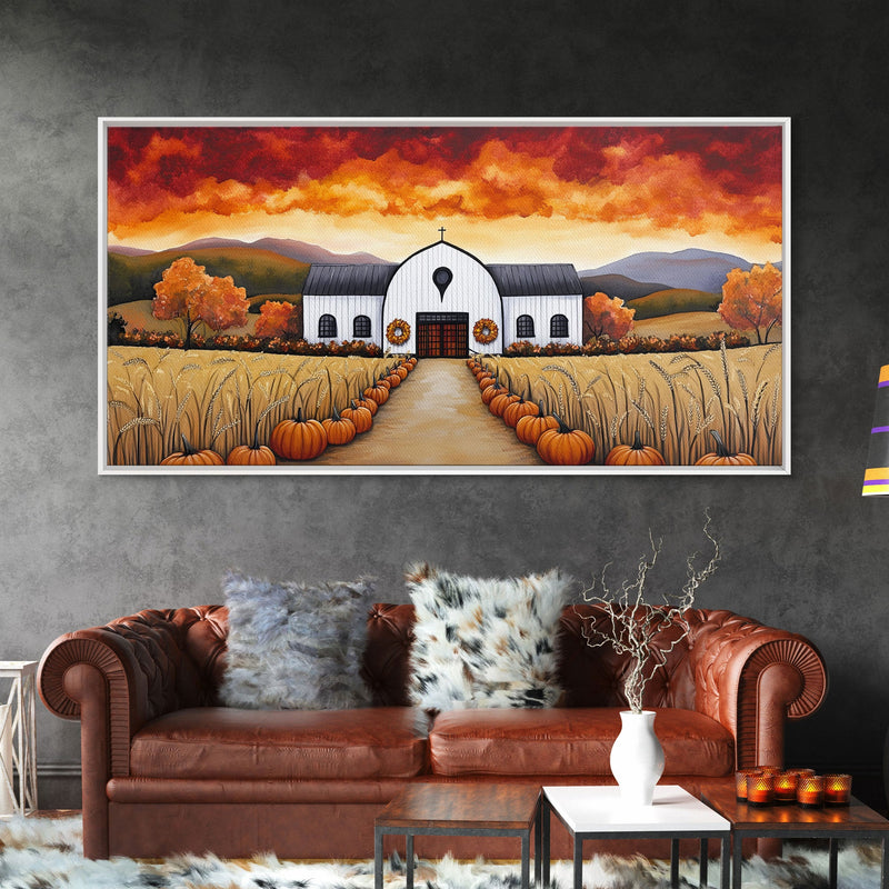 Autumn pumpkin farm with barn, canvas print, fall farmhouse decor, rustic autumn home decor, cozy fall harvest wall art for seasonal display