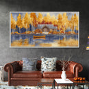 Lakeside cabin in autumn, framed canvas print, cozy fall decor, rustic cabin home decor, fall landscape wall art, perfect autumn gift idea