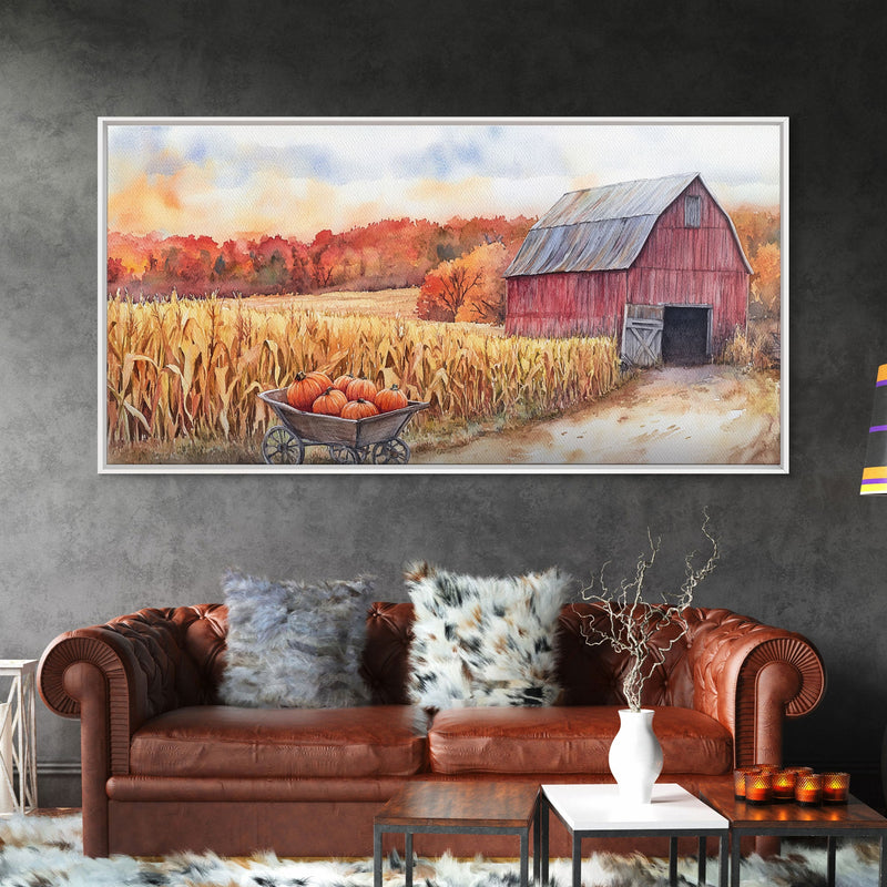 Autumn Barn with Pumpkins in Wheelbarrow, Farmhouse Fall Decor, Framed Canvas Print, Seasonal Wall Art, Country Home Decor, Gift Idea