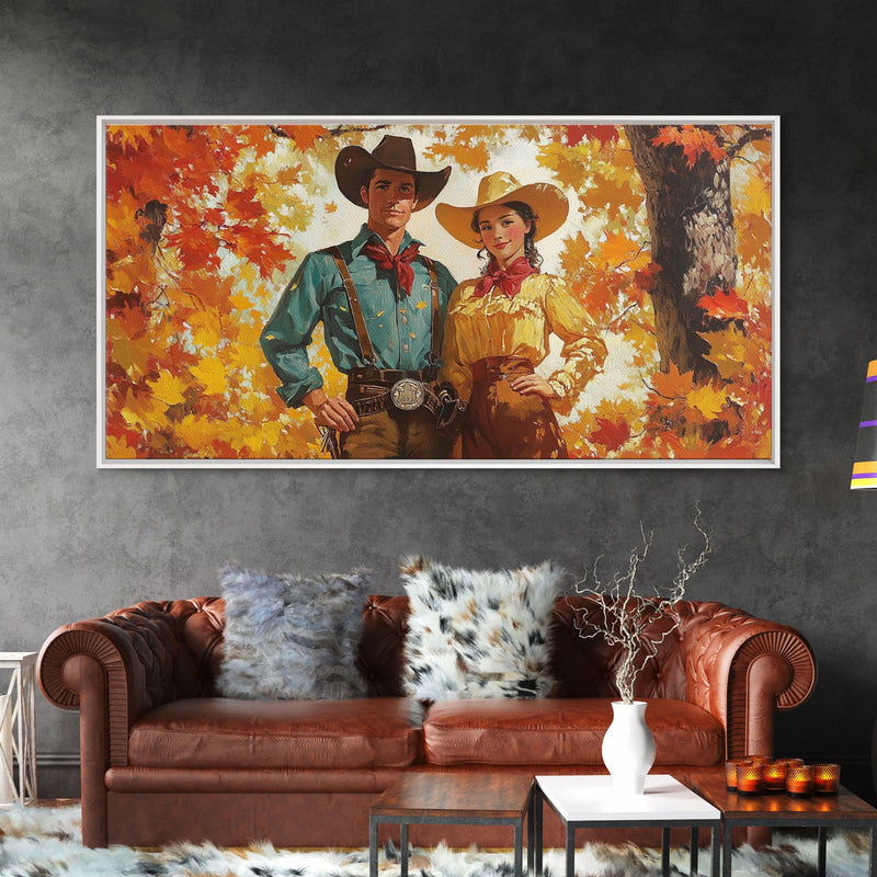 Autumn Cowboy In Forest Framed Canvas Print Western Cowboy Wall Art Fall Cowboy Gift Rustic Wall Decor Moody Landscape Above Sofa