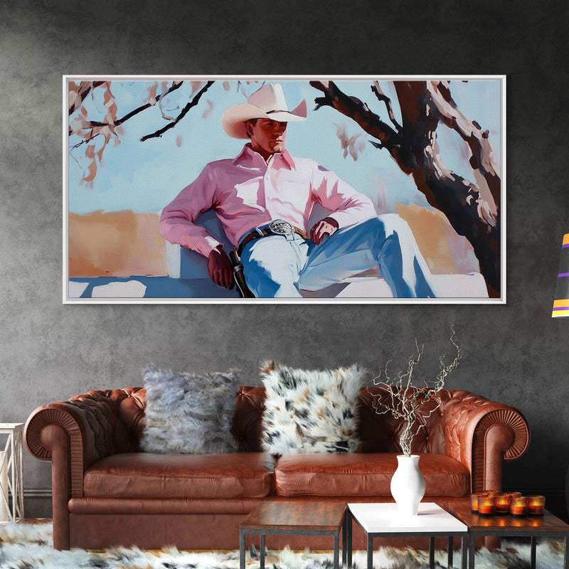 Autumn-themed portrait Framed Canvas Print of a woman in a cowboy hat holding a cup of coffee, surrounded by fall leaves, cozy fall decor