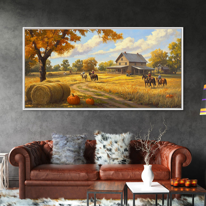 Autumn Ranch Framed Canvas Print Pumpkin Patch Rustic Art Country Home Decor Large Fall Wall Art Farmhouse Style Thanksgiving Decor