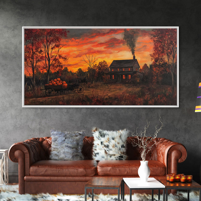 Autumn Sunset With Pumpkins And Horse Wagon, Cozy Fall Landscape Wall Art, Rustic Country Framed Canvas Print, Warm Autumn Home Decor