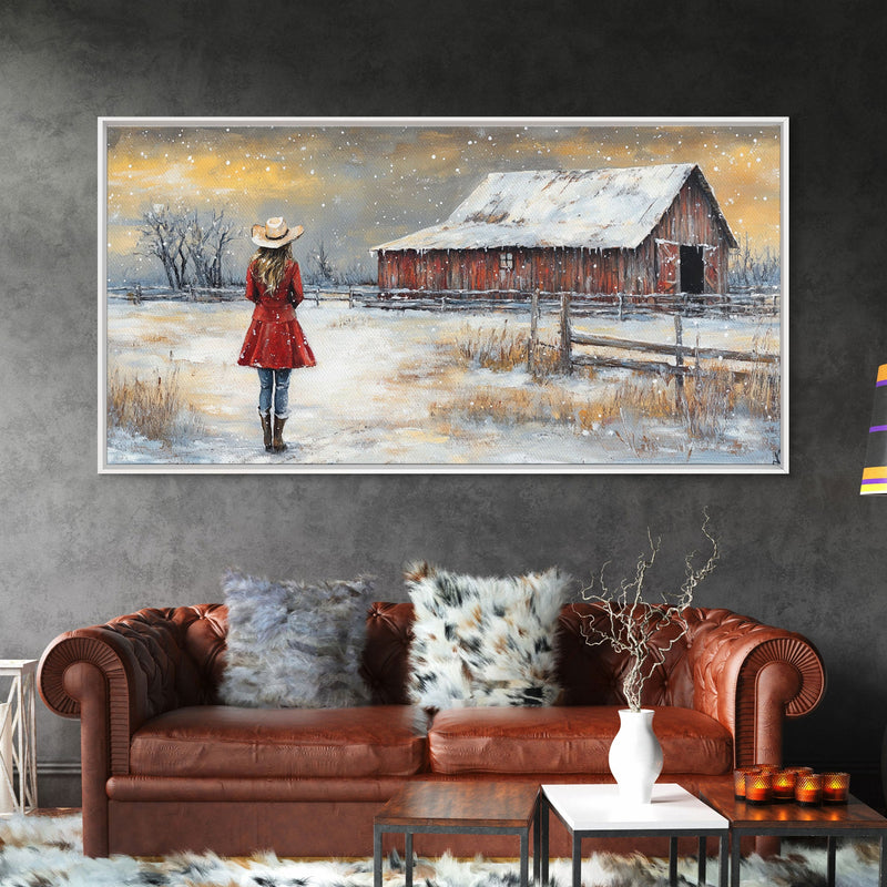 Barn Painting Framed Canvas Print, Cowgirl and her Barn, Rustic Farmhouse Decor, Winter Painting, Winter Wonderland, Farmhouse Wall Art