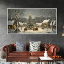 Large Christmas Tree In Snowy Village With Families, Winter Wonderland Holiday Wall Art, Framed Canvas Print, Rustic Christmas Decor