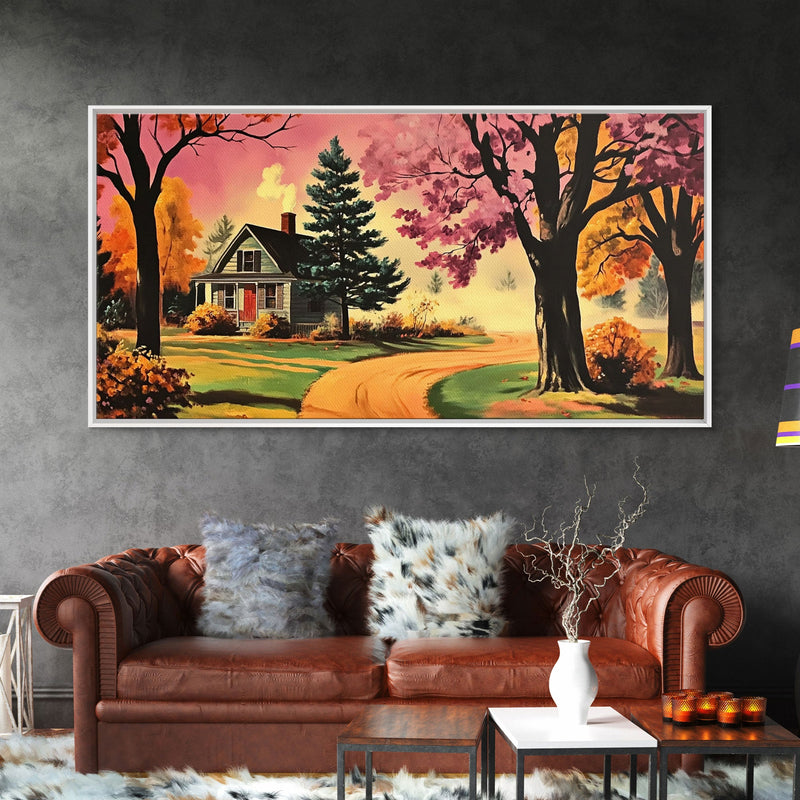 Autumn Landscape Framed Canvas Print, Cozy Country Farmhouse Pathway Art, Fall Home Decor, Modern Farmhouse Seasonal Wall Art Gift Idea