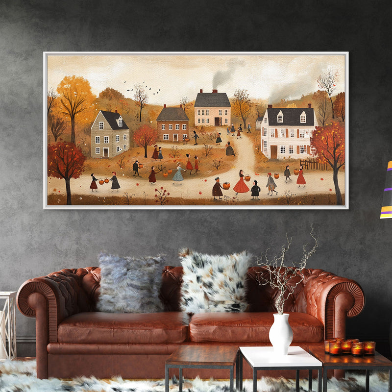 Autumn Harvest Village Scene Framed Canvas Print - Cozy Fall Decor and Seasonal Wall Art with Country Charm and Autumn Ambiance