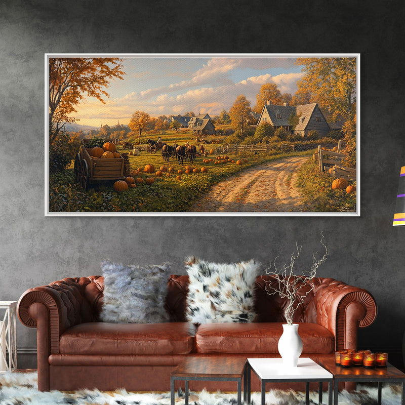 Autumn Pumpkin Harvest Framed Canvas Print, Fall Country Farm Scene Wall Art, Best Autumn Decor, Cozy Farmhouse Gift Idea