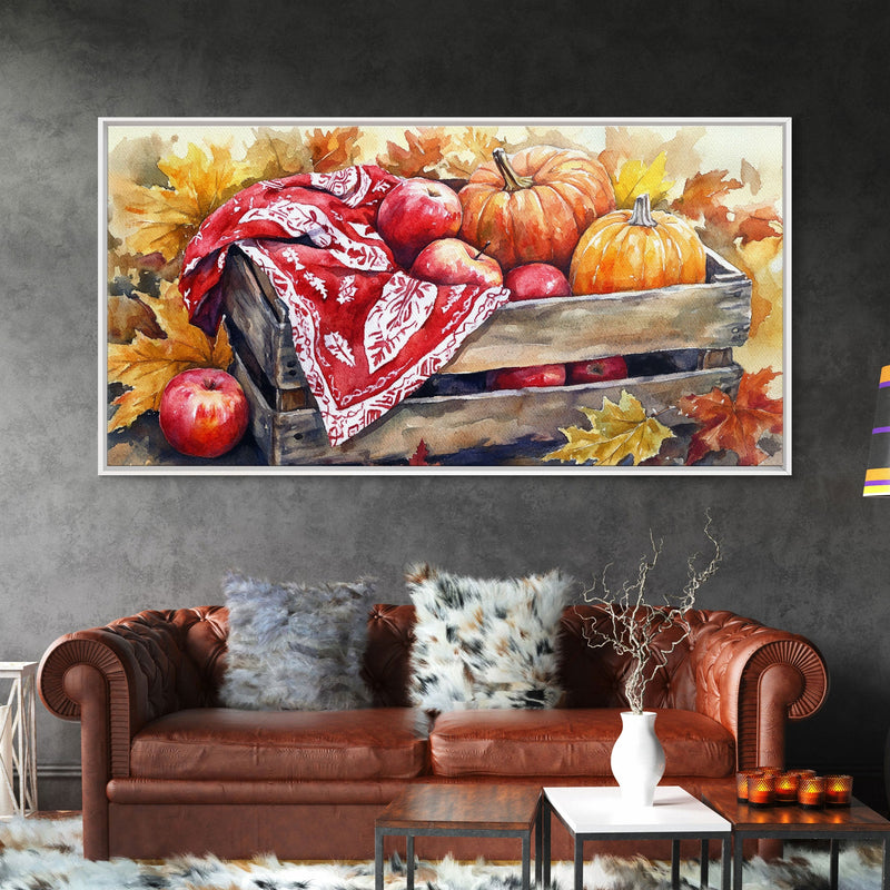 Basket With Pumpkins And Apples Framed Canvas Print Tall Art Rustic Fall Decor Thanksgiving Autumn Harvest Home Wall Art Farmhouse Gift Idea