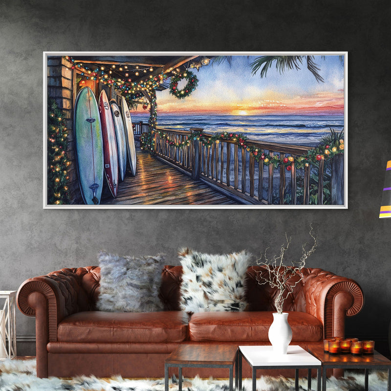 Beachfront porch with surfboards and Christmas lights, Framed Canvas Print with wreaths festive lights, coastal holiday wall art and decor