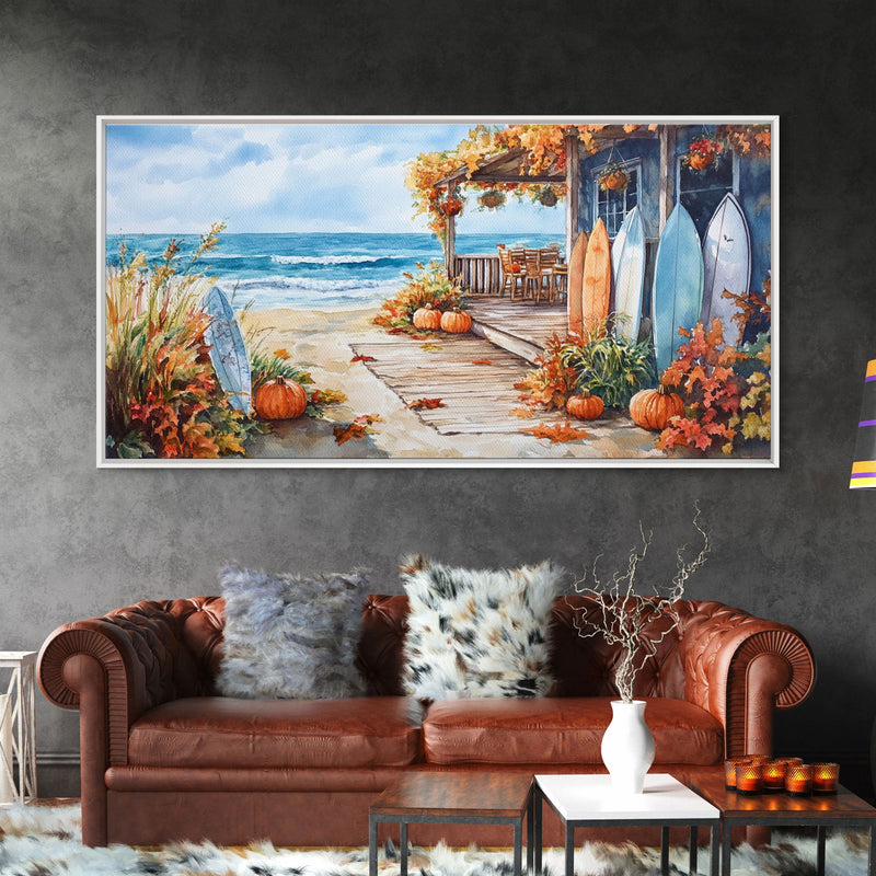 Autumn surfboard porch decor scene, Framed Canvas Print with pumpkins and fall leaves on beach, autumn beach house wall art and decor piece