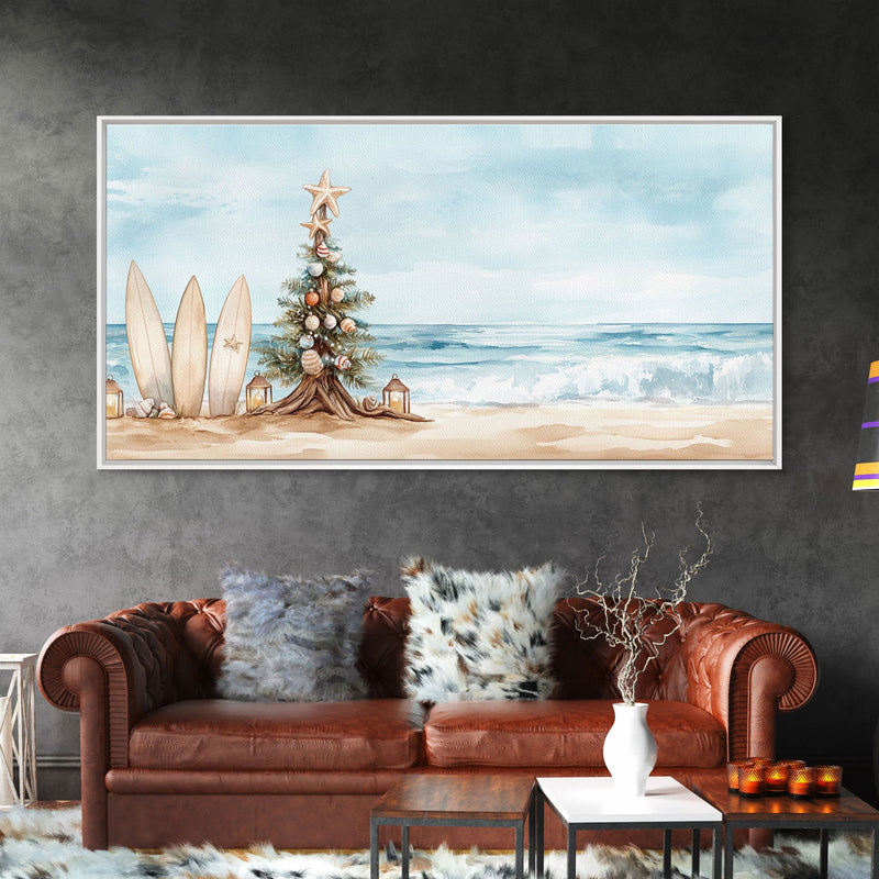 Beach Christmas scene with surfboards and decorated tree, tropical holiday art framed canvas print, perfect coastal seasonal decor