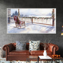 Snowy porch with rocking chair and plaid blanket, framed canvas print, Christmas decor perfect rustic holiday winter wall art