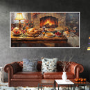 Cozy Thanksgiving Feast by Fireplace Framed Canvas Print Seasonal Wall Art, Rustic Fall Decor, Harvest Celebration Art Print for Home