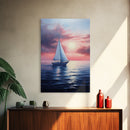 Vaporwave Sail Boat at Sunset, Framed Canvas Print, Retro Sail Boat Painting