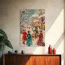 Winter Wall Art Christmas Canvas Print - 1950s Style Post Card Art - Christmas Decor - Christmas Shoppers In The Streets - Christmas Village Art