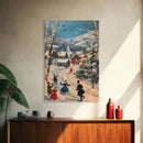 Ice Skating in The Streets on Christmas Morning Framed Canvas Print - Retro Christmas Village Wall Art - Christmas Above Mantle Centerpiece Art