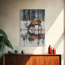 Elk Drinking Water Oil Painting Print, Framed Canvas, Deer Drinking Water In Forest Painting, Nature Decor, Cabin Wall Art, Winter Wall Art