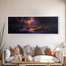 Panoramic Fantasy Forest Canvas Print, Fireflies Light Up The Night Sky in A Fantasy Forest,  Fantasy Painting