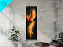 Fiery Phoenix Illustration on Black Canvas, Framed Art Option, Mystical Wall Art for Living Room, Tall Narrow Wall Decor, Mythological Art