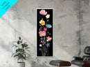 Vibrant Wildflower Watercolor Art - Framed Canvas Print with Black Background Featuring Colorful Poppy and Floral Scene