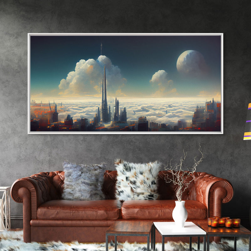 View From Above The Clouds, Cyberpunk City, Futuristic Abstract, ready to hang canvas print wall art, framed canvas wall art