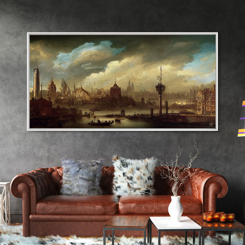 Victorian Steampunk Cityscape, Concept Art, Ready To Hang Canvas Print, Framed Wall Art