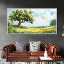 Sunny Meadow Elegance Canvas Print Featuring Oak Tree Art and Wildflower Painting Rustic Decor for Living Room Wall Art