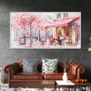 Parisian Café Scene Framed Canvas Print, Cherry Blossom Painting, European Street Art, Romantic Wall Art, Living Room Decor