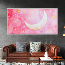 Crescent Moon and Stars Design in Pink Wall Art Style on Framed Canvas Print, Nursery or Bedroom Light Pink Whimsical Art