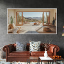 Framed Canvas Print of Desert Retreat with Cactus and Mountain View, Southwest Wall Art, Living Room Boho Decor