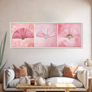 Trio of Elegant Fans Canvas Print, Minimalist Boho Pink Artwork, Oriental Fan Wall Art for Bedroom, Light Pastel Wall Decor Idea