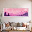Mountain Landscape Art Framed Canvas Print in Light Pink Hues with Starry Sky, Bedroom or Living Room Artwork, Rustic Decor Painting